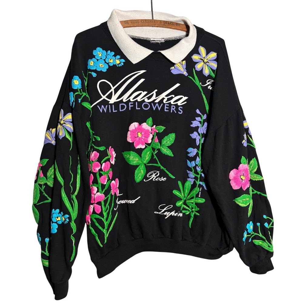 Vintage ACE 1991 90s Alaska Wildflowers Floral Sweatshirt Polo Collar M/L Nature